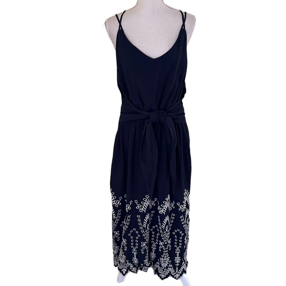 Gibson Latimer Navy Blue with White Eyelet hem "Summer Blooms" Maxi Dress